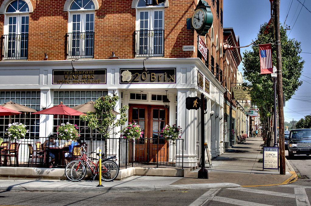 Historic downtown Milford, Ohio storefronts on a sunny afternoon